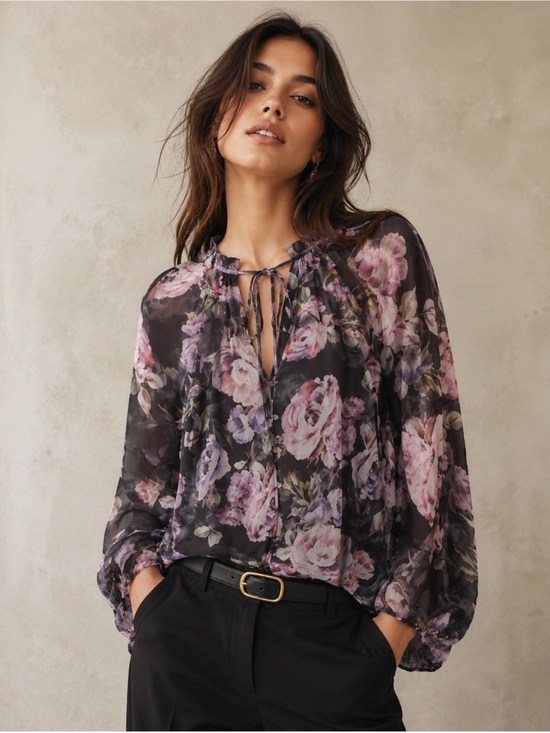 Joie Tops - NWT Joie Black/Pink Floral Chiffon Blouse Size Large